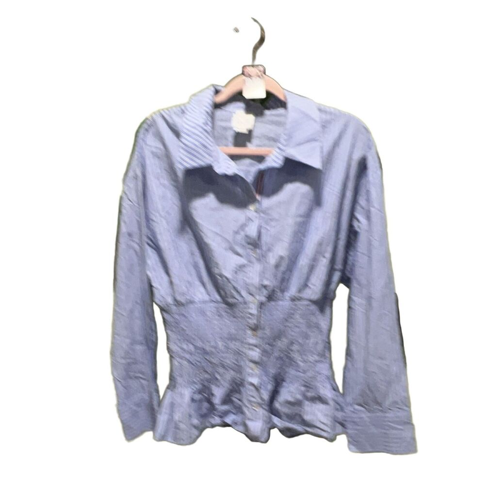 Maeve Smocked Waist Button-Down Shirt XL Blue White Stripe Cotton